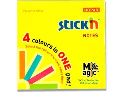 Memonotes, 76x76 mm, 4 assorterede farver, 1 blok, Stick'n Magic 