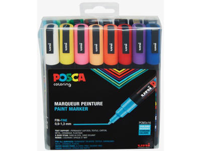 Paint marker, 0.9-1.3 mm, 16 assorterede farver, Rund spids, uni Posca PC-3M