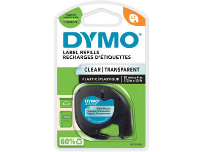 Labeltape, 12mm x 4m, Sort på Transparent, 1 rulle, Dymo LetraTag Plast