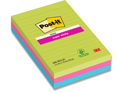 Memonotes, 101x152 mm, Assorteret Neon, 3 blokke, Post-it Super Sticky Linjeret