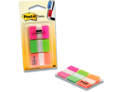 Indexfaner, 3 neon farver, 66 stk, 3.8x2.54 cm, Post-it Index Strong