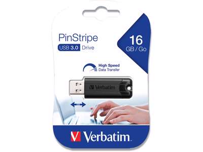 USB nøgle, USB 3.0, 16 GB, Sort, Verbatim PinStripe