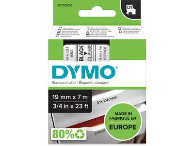 Labeltape, 19mm x 7m, Sort på Transparent, 1 rulle, Dymo D1 45800