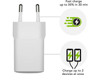 Wall Charger, GaN - USB-C+USB-A 30W+18W EU, White, dbramante1928 Re-charge