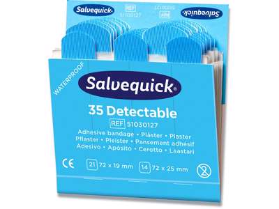 Plaster, Sporbar i metaldetektor, 35 plastre pr refill, 6 pakker refill, Salvequick Detectable Detectable