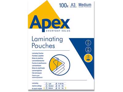 Lamineringslommer, A3, 125 micron, 100 stk, Apex 