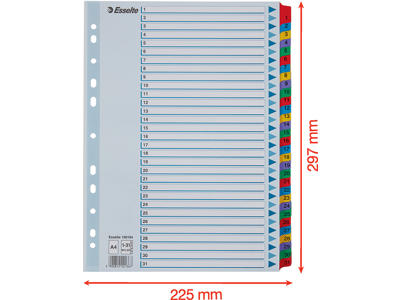 Registerblade, A4, 1-31, Flerfarvet, Esselte Mylar 