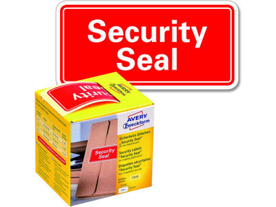 Etiketter, 78x38 mm, Rød og hvid, 100 etiketter i alt, Avery ''Security Seal'' NoPEEL