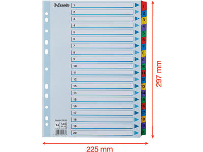 Registerblade, A4, 1-20, Flerfarvet, Esselte Mylar 