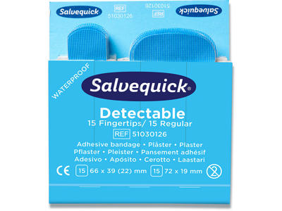 Plaster, Sporbar i metaldetektor, 30 plastre pr refill, 6 pakker refill, Salvequick Fingerspids Detectable