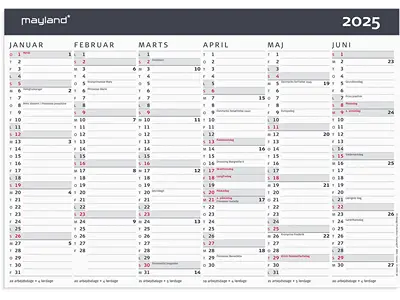 Vægkalender, 2025, A4, Kontor, Moderne, 6 måneder pr. side, Mayland