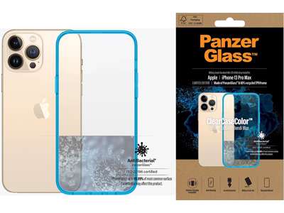 Cover, iPhone 13 Pro Max, Case, Transparant med Bondi Blue ramme, PanzerGlass Antibacterial - ClearCase 