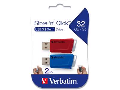 USB nøgle, USB 3.2, 32 GB, Rød og blå, Verbatim Store 'N' Click 