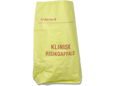 Papirsæk, 1-lags, 110 L, gul, 70x95+25cm, vådstærk, påtrykt ''Klinisk risikoaffal'', 50 my, PE indlæg, 20 stk, Abena