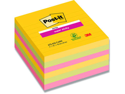 Memonotes, 101x101 mm, Assorteret Carnival, 6 blokke, Post-it Super Sticky Linjeret