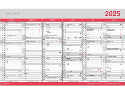 Vægkalender, 2025, Kontor, Flagdage, 6 måneder pr. side, Mayland