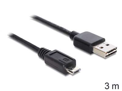 DeLOCK EASY-USB 2.0-A - USB 2.0 micro-B, 3m USB-kabel USB A Micro-USB B Sort