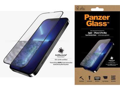 Skærmbeskyttelse, iPhone 13Pro Max, Sort, 1 stk, PanzerGlass Antibacterial - Case Friendly 