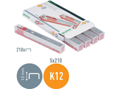 Hæfteklammekassette, K12 26/12 mm, 5x210 klammer, HD 5551, Leitz Power Performance K12 Rød