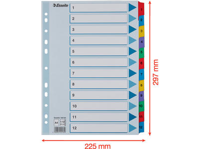 Registerblade, A4, 1-12, Flerfarvet, Esselte Mylar 