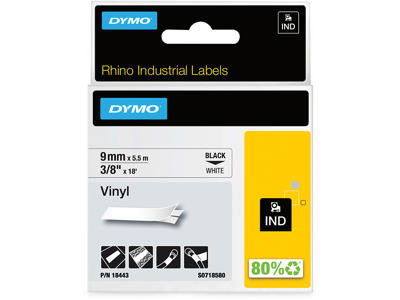 Labeltape, 9mm x 5.5m, Sort på Hvid, 1 rulle, Dymo Rhino Industri