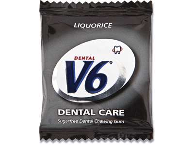 Tyggegummi, Liquorice, 2 stk pr pakke, 250 pakker pr kasse, V6 Dental Care 