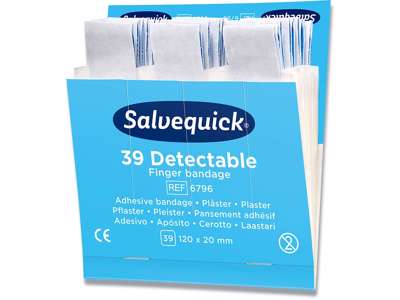 Plaster, Sporbar i metaldetektor, 39 plastre pr refill, 6 pakker refill, Salvequick Finger Detectable