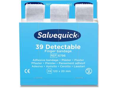 Plaster, Sporbar i metaldetektor, 39 plastre pr refill, 6 pakker refill, Salvequick Finger Detectable