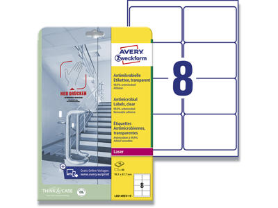 Etiketter, 99.1x67.7 mm, Transparent, 80 etiketter i alt, Avery Antimikrobielle