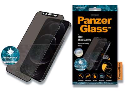 Skærmbeskyttelse, iPhone 12/iPhone 12 Pro, Sort, 1 stk, PanzerGlass Antibacterial - CamSlider Privacy