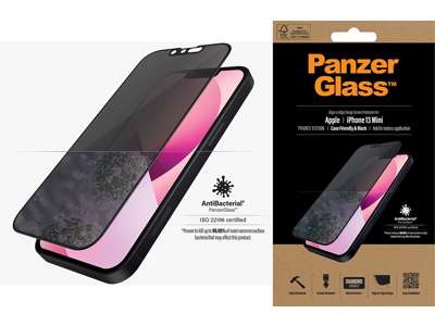 Skærmbeskyttelse, iPhone 13 Mini, Sort, 1 stk, PanzerGlass Antibacterial - Case Friendly Privacy