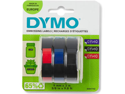 Prægetape, 9mm x 3m, Rød Sort Blå, 3 ruller, Dymo 3D 