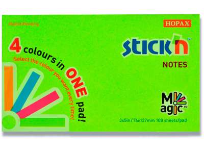 Memonotes, 76x127 mm, 4 assorterede farver, 1 blok, Stick'n Magic 