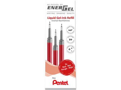 Rollerball gelpen refill, 0.5 mm, 0.25 mm, Rød, 3 stk, Pentel EnerGel LRN5-3B