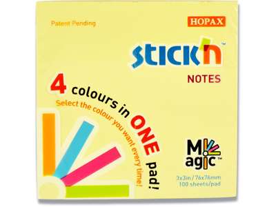 Memonotes, 76x76 mm, 4 assorterede pastel farver, 1 blok, Stick'n Magic block 