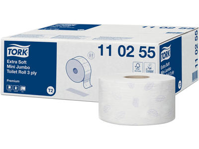 Toiletpapir, Udvendig oprulning, 3 lag, 12 ruller, Tork Premium Extra Soft Jumbo Mini T2