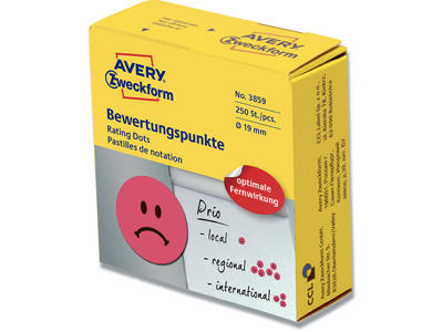 Etiketter, Ø19 mm, Rød sur smiley, 250 etiketter i alt, Avery I dispenser 