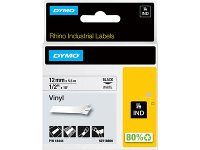 Labeltape, 12mm x 5.5m, Sort på Hvid, 1 rulle, Dymo Rhino Industri