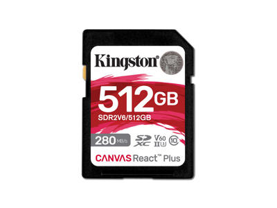 Kingston Technology 512 GB Canvas React Plus SDXC UHS-II 280R/150W U3 V60 til fuld HD/4K