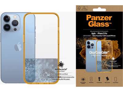 Cover, iPhone 13 Pro, Case, Transparant med Tangerine ramme, PanzerGlass Antibacterial - ClearCase 