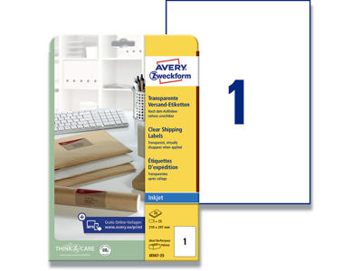 Etiketter, 210x297 mm, Transparent, 25 etiketter i alt, Avery QuickPEEL 