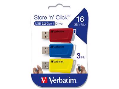 USB nøgle, USB 3.2, 16 GB, Rød og blå og gul, Verbatim Store 'N' Click 