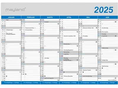 Vægkalender, 2025, A4, Kontor, Klassisk, 6 måneder pr. side, Mayland