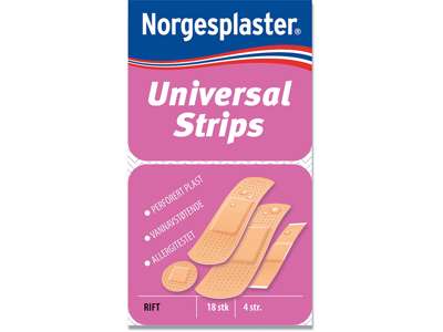 Plaster, Plast, 18 plastre, 4 assorterede størrelser, Norgesplaster Universal strips Vandafvisende