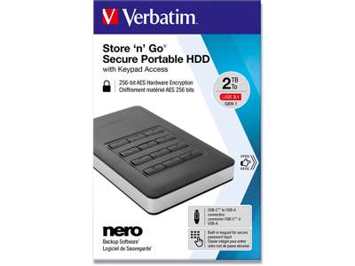 HDD, Med Keypad Access, USB 3.1, 2 TB, Verbatim Store 'N' Go Secure