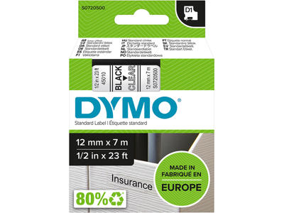 Labeltape, 12mm x 7m, Sort på Transparent, 1 rulle, Dymo D1 45010