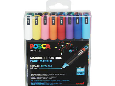 Paint marker, 0.7 mm, 16 assorterede farver, Ultra-fin spids, uni Posca PC-1MR