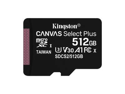 Kingston Technology 512 GB micSDXC Canvas Select Plus 100R A1 C10, enkelt pakke uden ADP