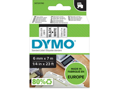 Labeltape, 6mm x 7m, Sort på Hvid, 1 rulle, Dymo D1 43613