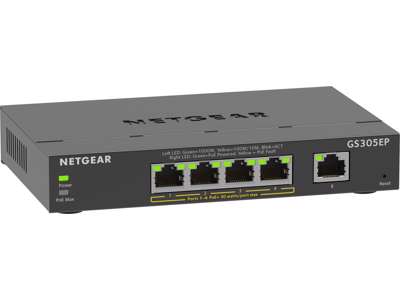 NETGEAR 5-Port Gigabit Ethernet PoE+ Plus Switch (GS305EP) Administreret L2/L3 Gigabit Ethernet (10/100/1000) Strøm over Ethernet (PoE) Sort